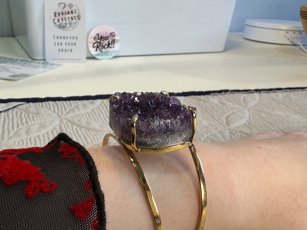 Raw Amethyst Cuff Bracelet | Oval Natural Purple Crystal on Gold Band | Radiant Crystals UK