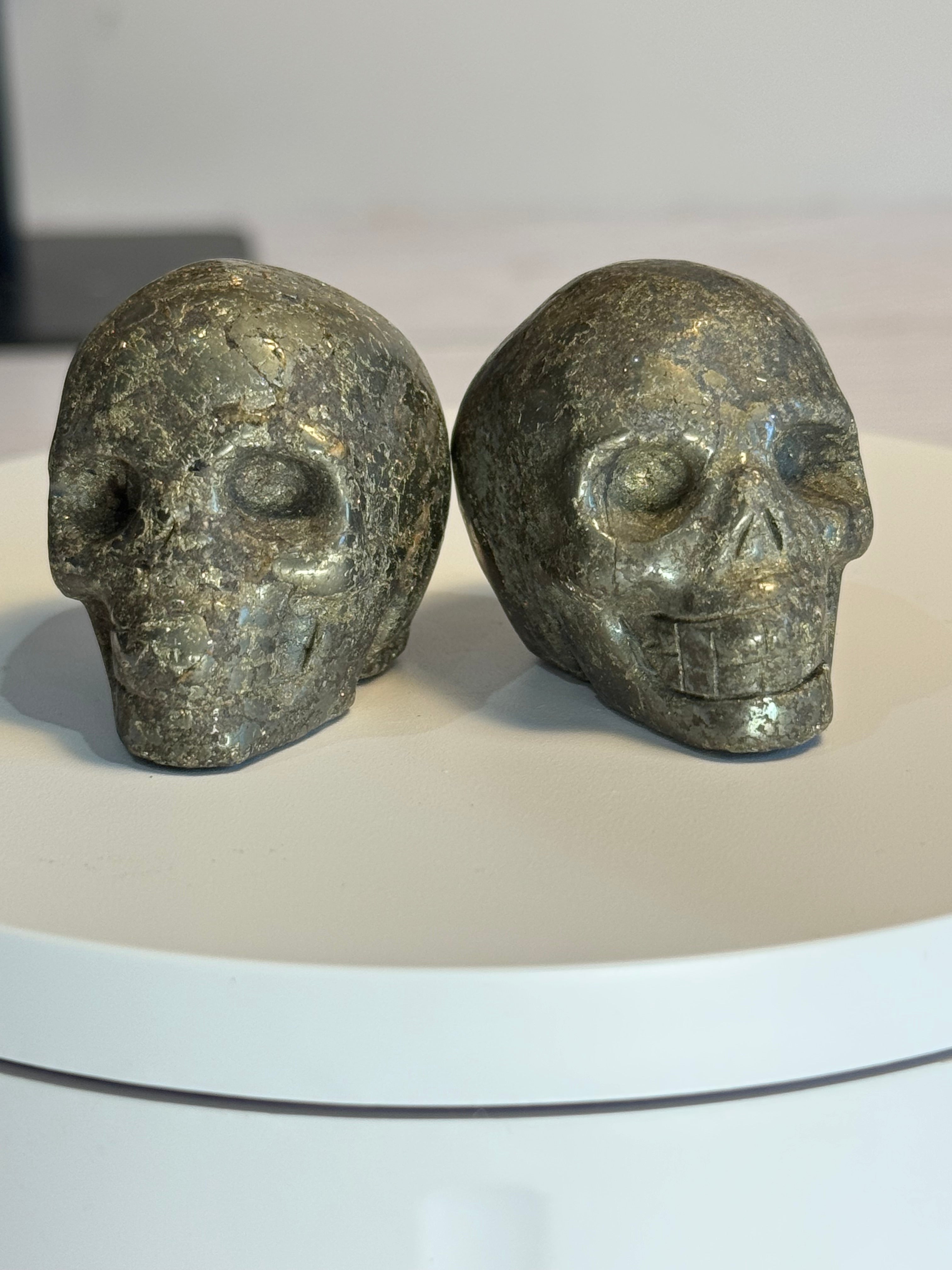 Pyrite crystal hand carved skull