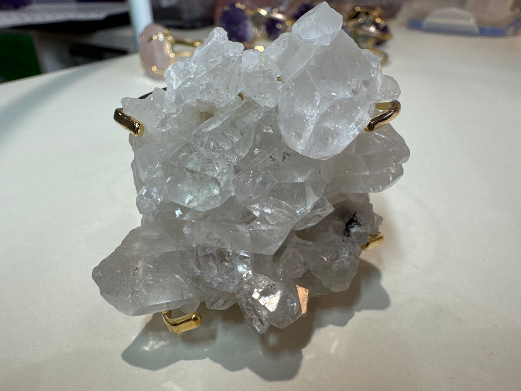 Clear Quartz Cuff Bracelet Large | Statement Crystal on Gold Bangle | Radiant Crystals UK
