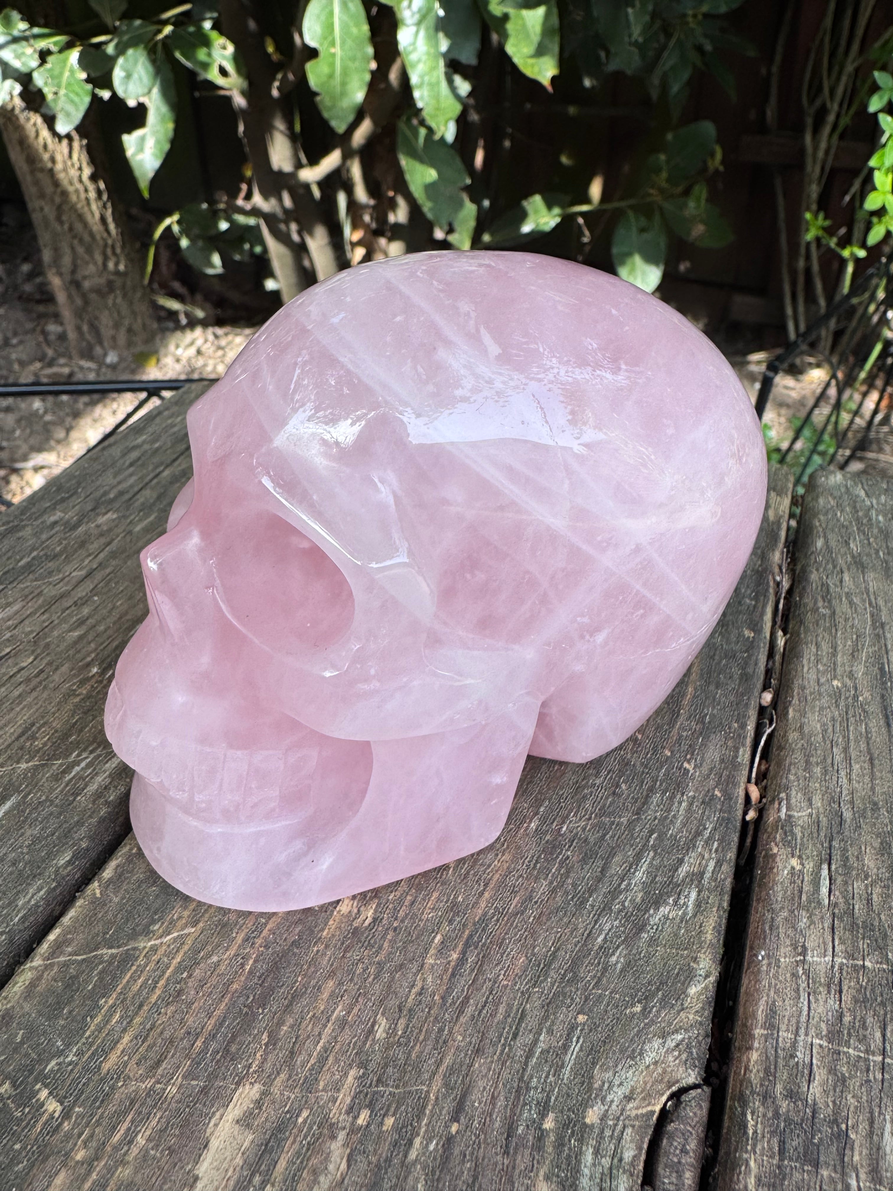 Large Rose Quartz crystal, hand carved skull 993gms.