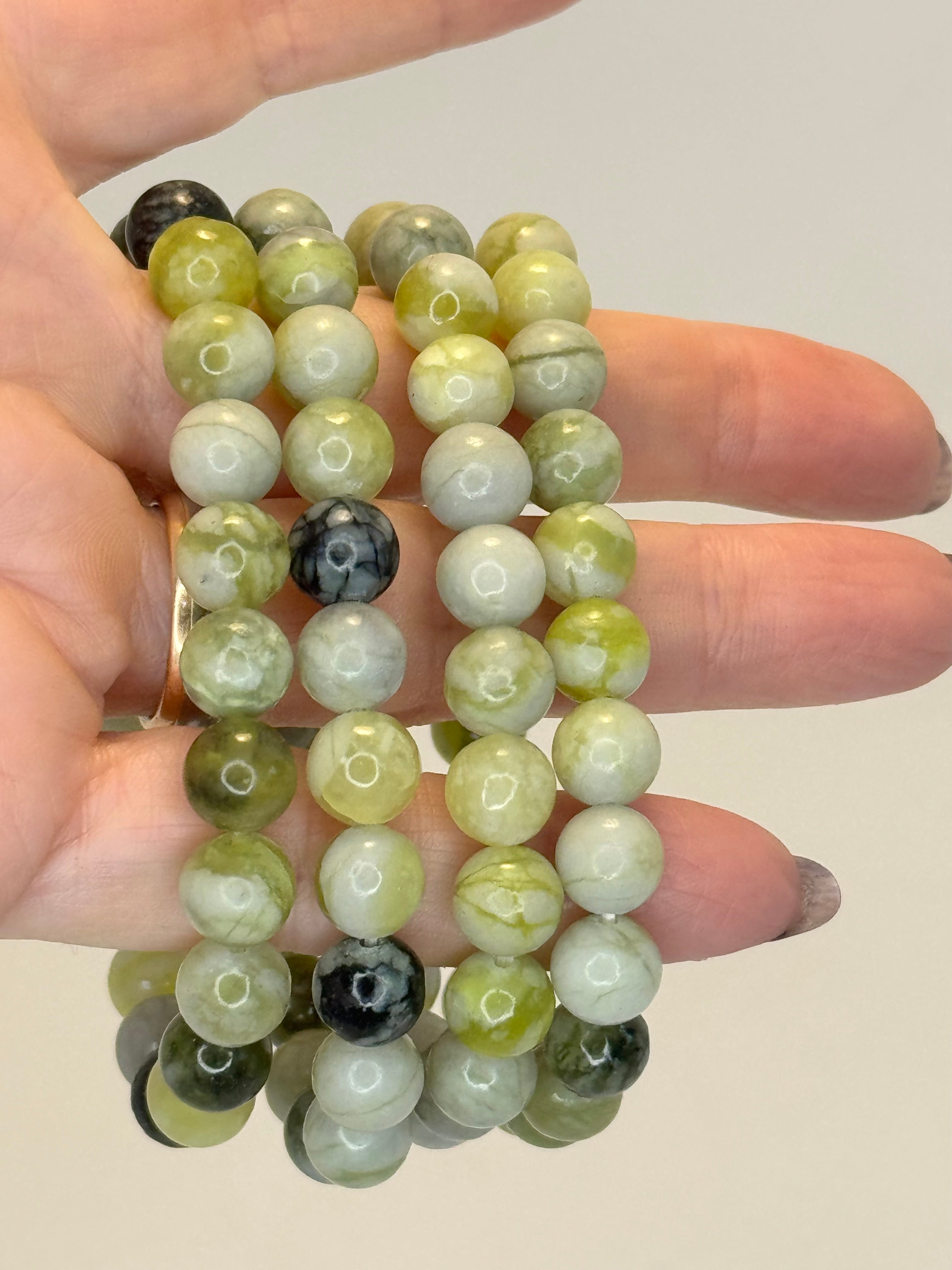 Serpentine Bracelet 8mm | Natural Green Crystal Bead Bracelet | Radiant Crystals UK