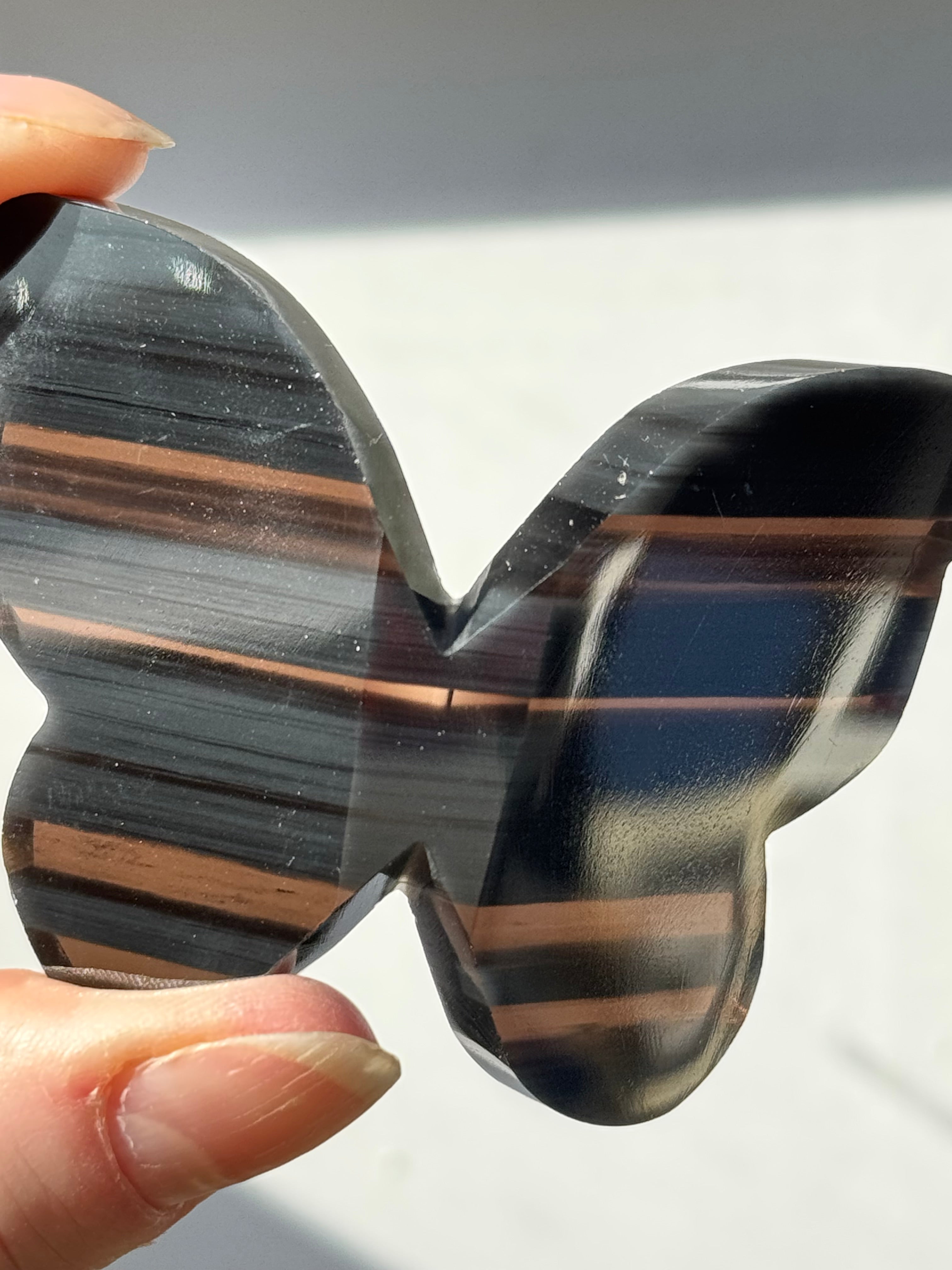 Midnight Lace Obsidian Butterfly Carving – Handcrafted Nature Décor | Natural Obsidian Sculpture |