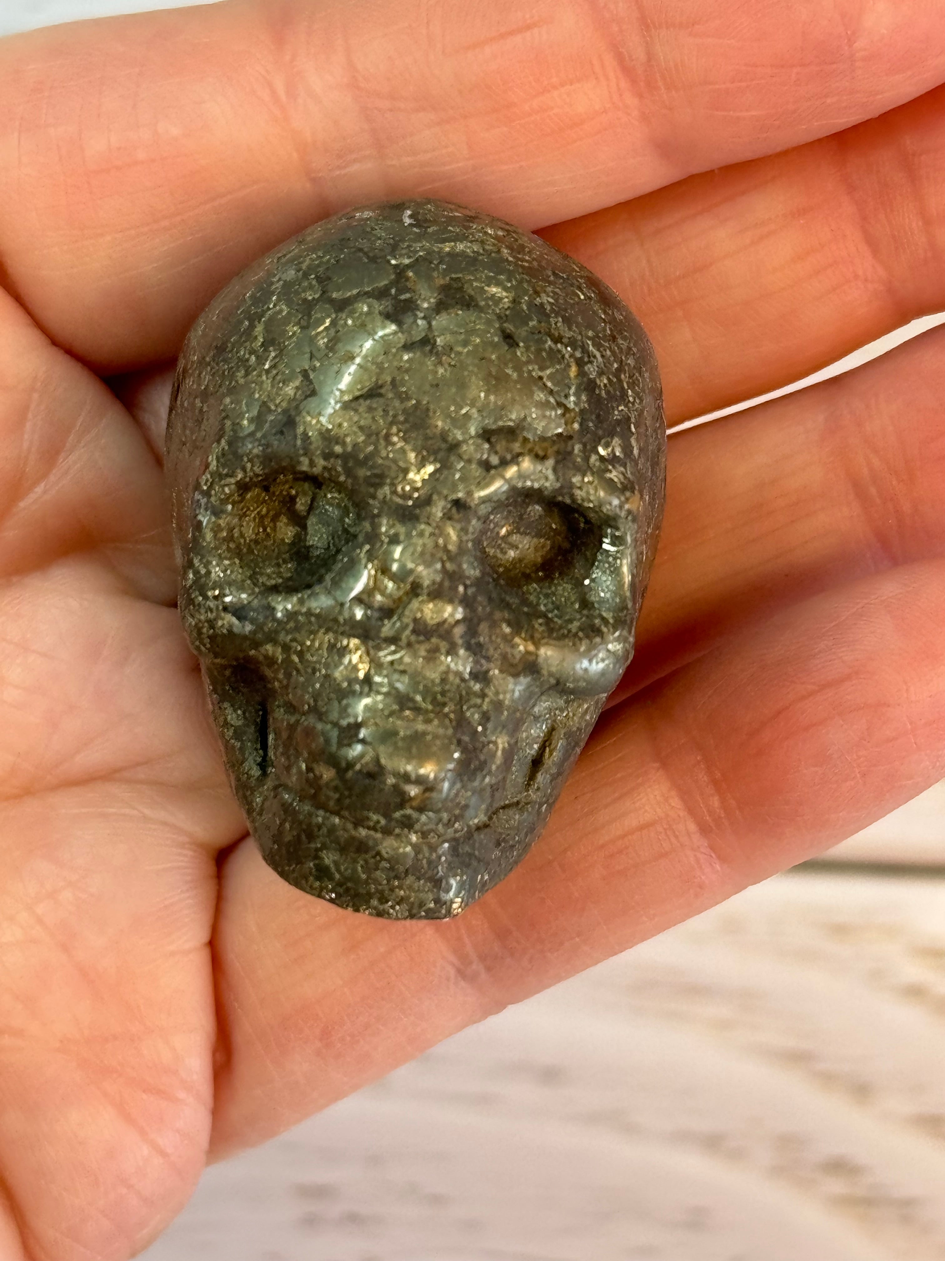 Pyrite crystal hand carved skull