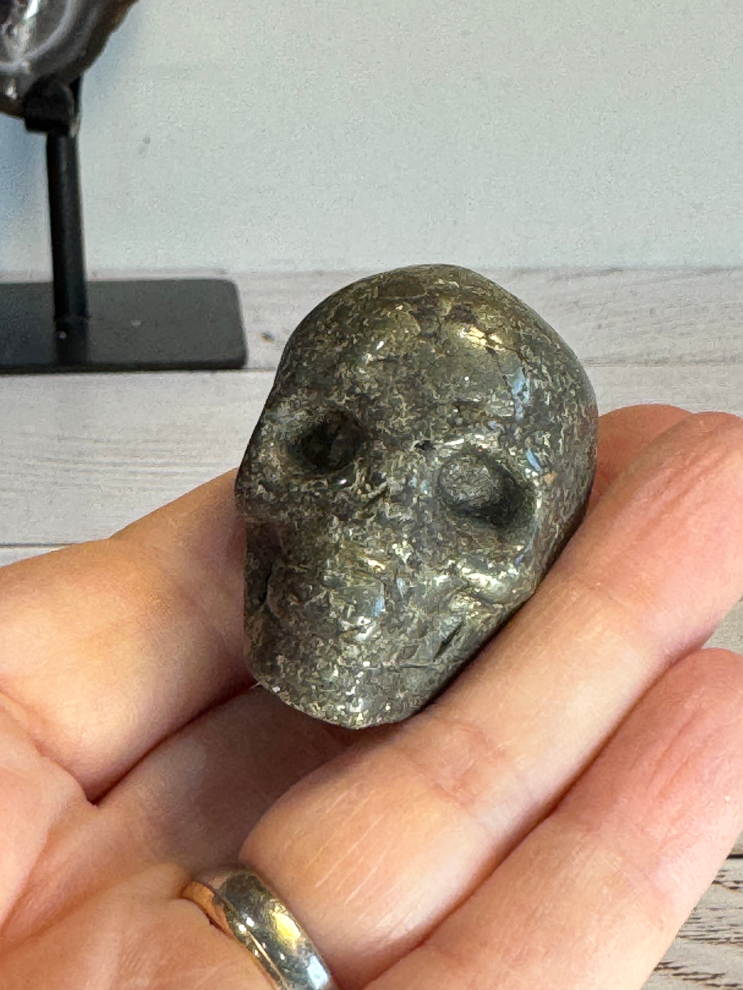 Pyrite crystal hand carved skull
