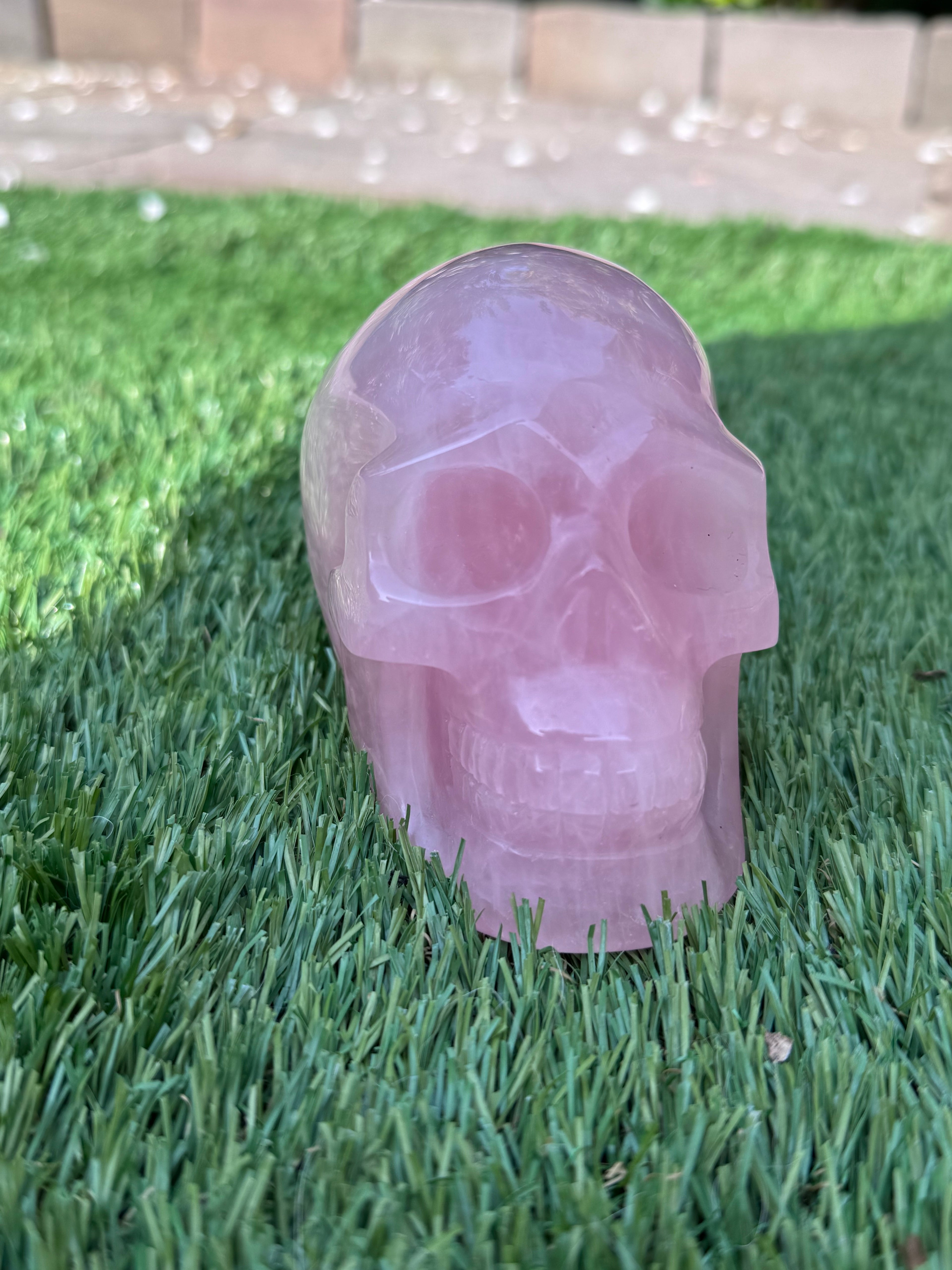 Large Rose Quartz crystal, hand carved skull 993gms.