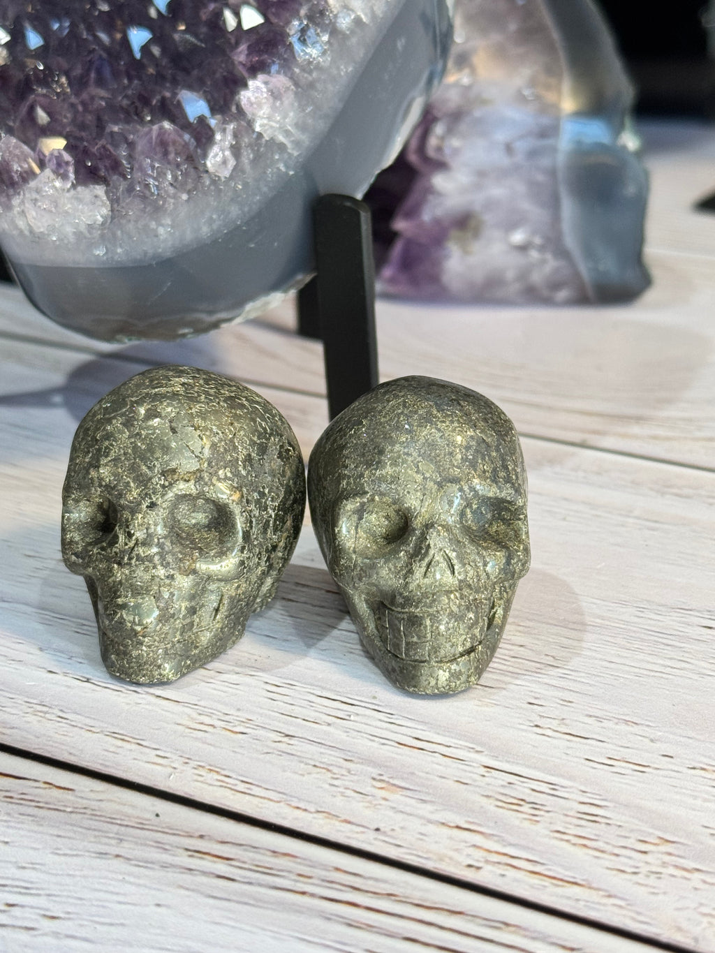 Pyrite crystal hand carved skull