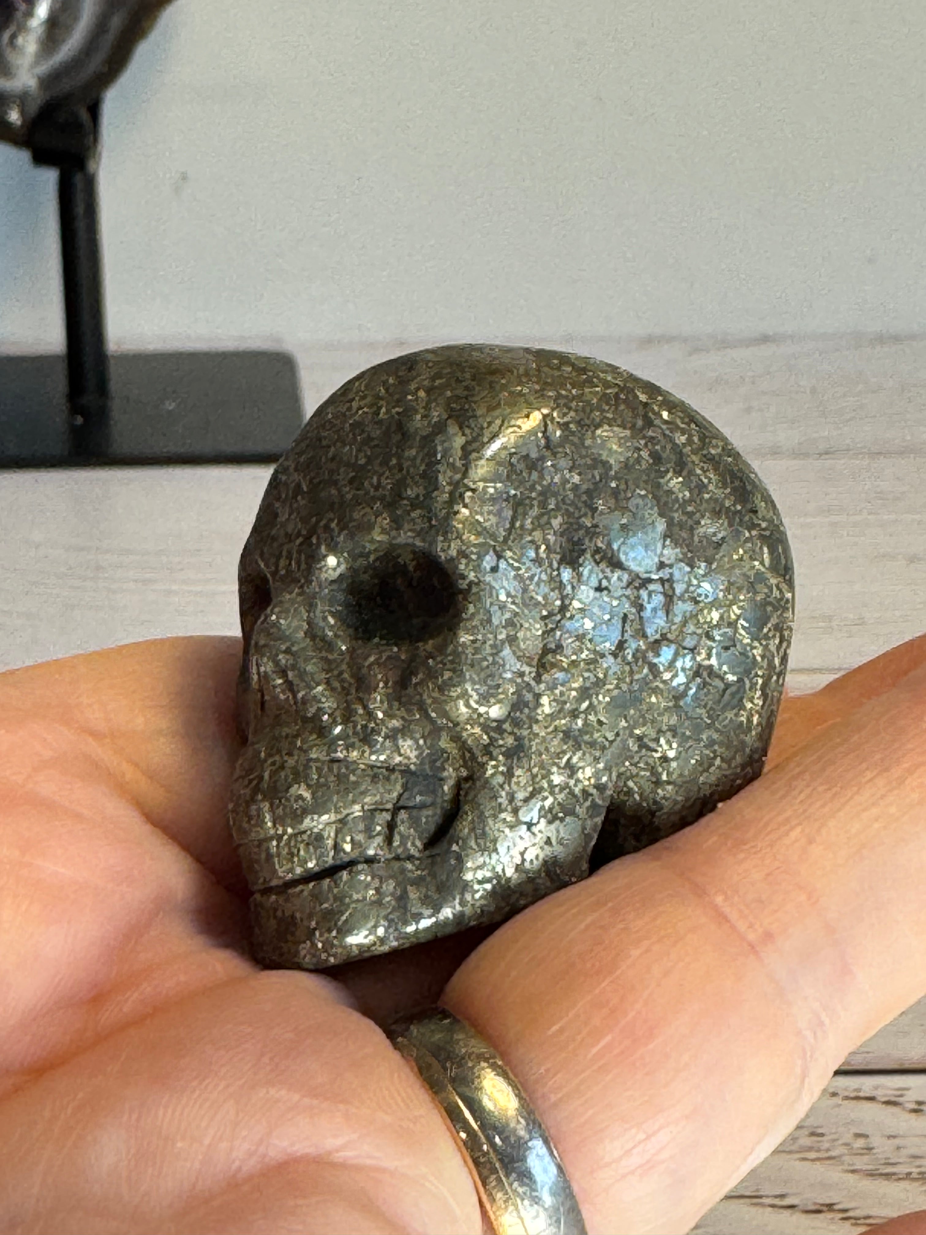 Pyrite crystal hand carved skull