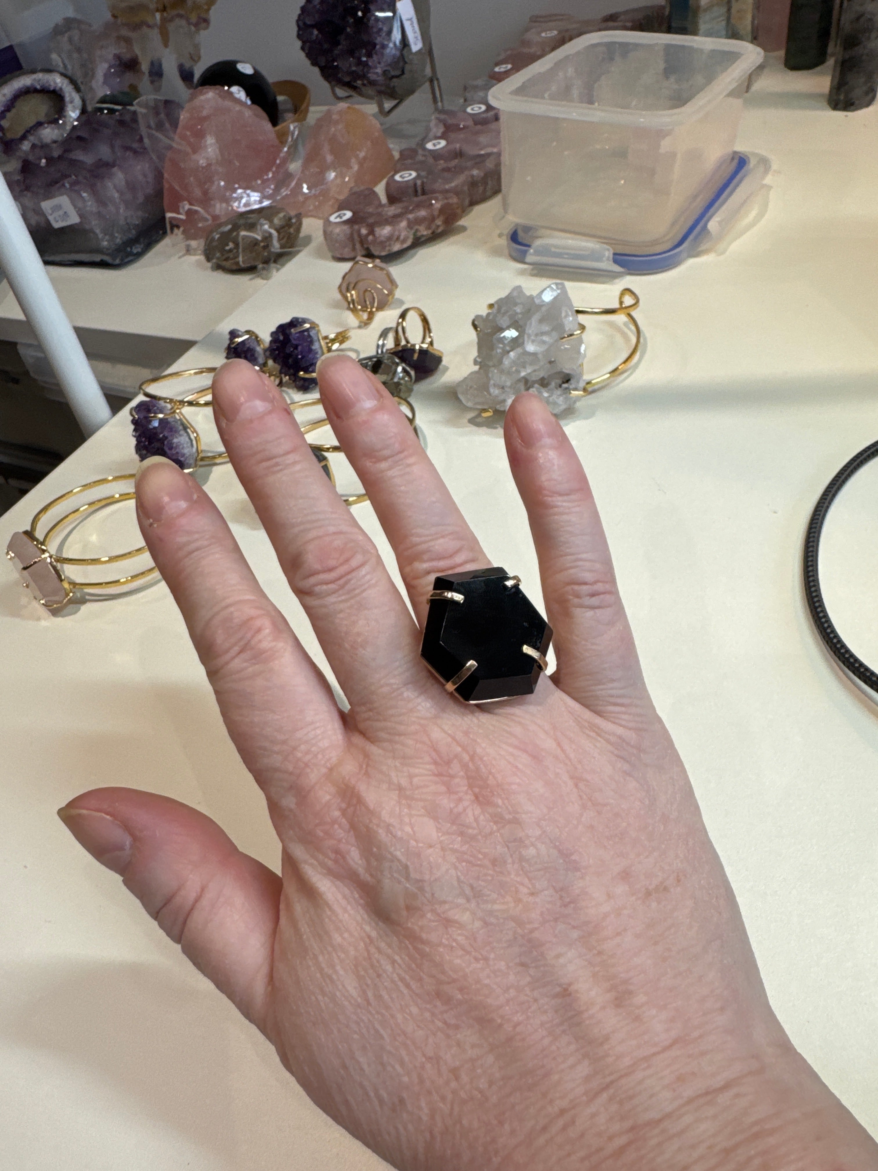Black Obsidian Ring | Natural Polished Crystal on Gold Band | Radiant Crystals UK