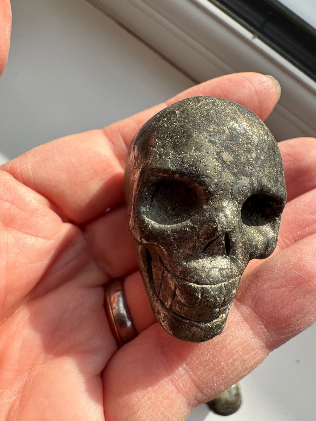 Pyrite crystal hand carved skull