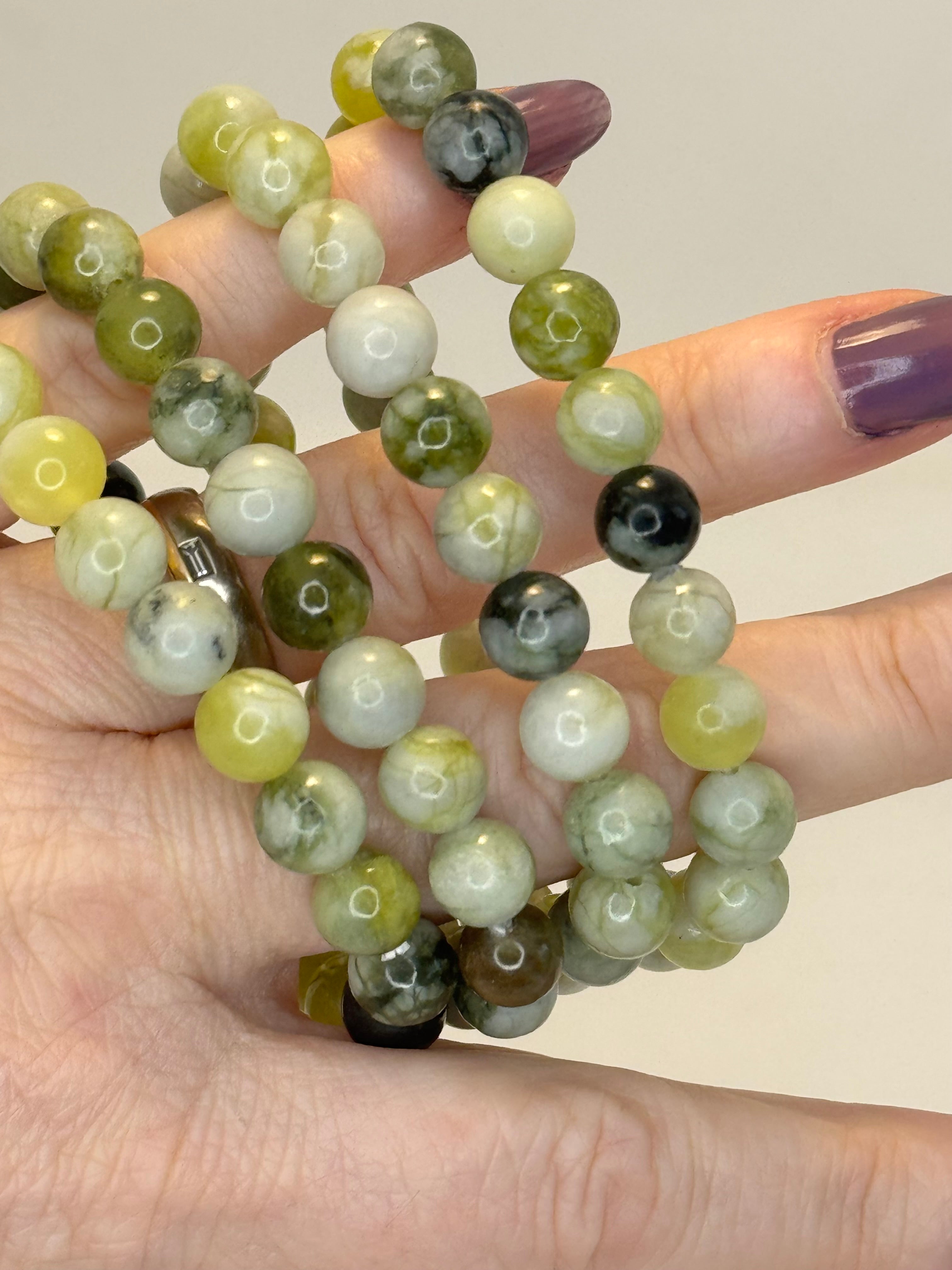 Serpentine Bracelet 8mm | Natural Green Crystal Bead Bracelet | Radiant Crystals UK