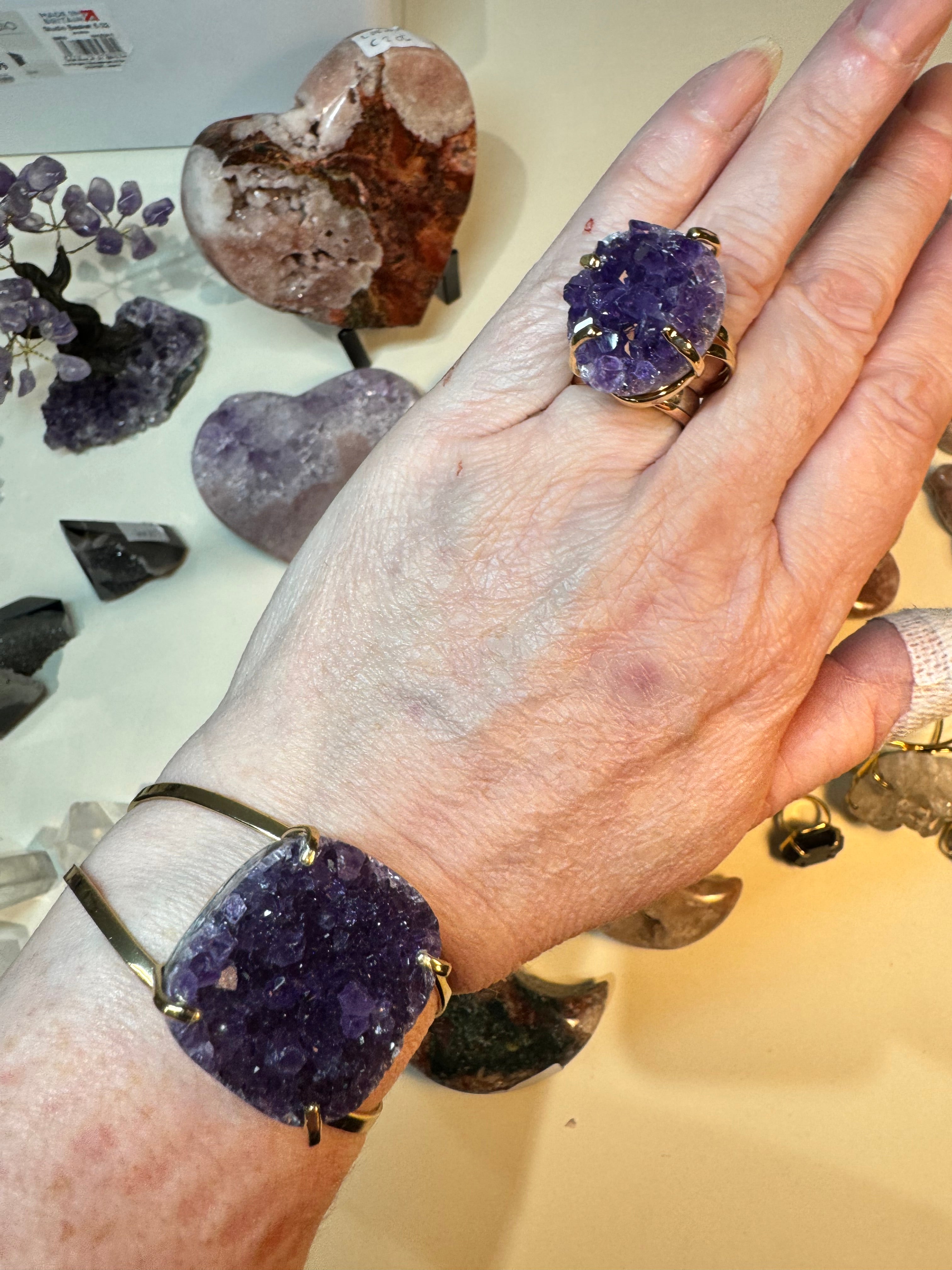 Raw Amethyst Ring | Natural Purple Crystal on Gold Adjustable Band | Radiant Crystals UK