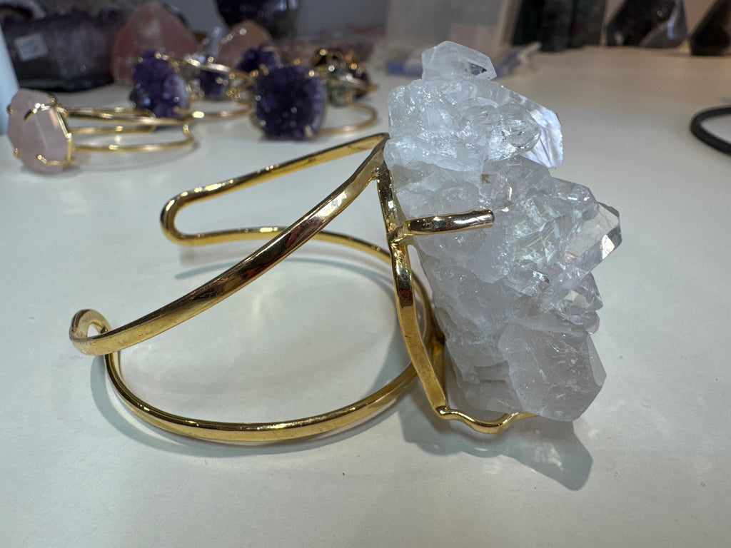Clear Quartz Cuff Bracelet Large | Statement Crystal on Gold Bangle | Radiant Crystals UK