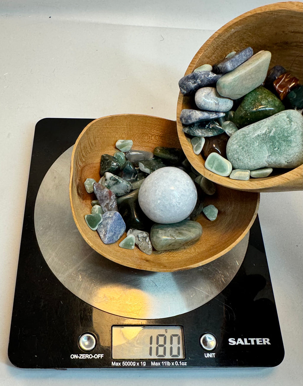 Bowl of stones on a Salter kitchen scale