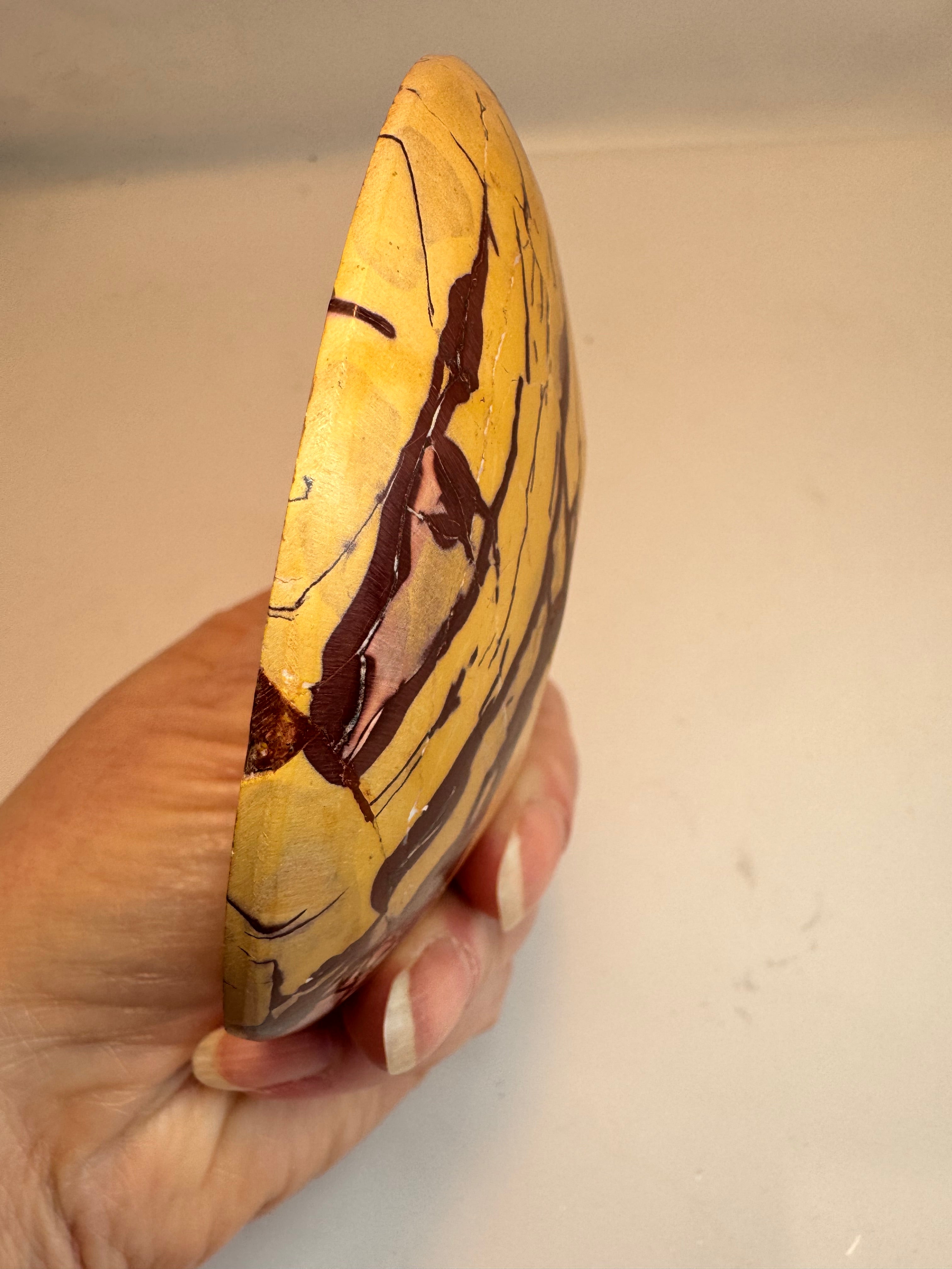 Hand holding a marbled yellow and brown object against a plain background