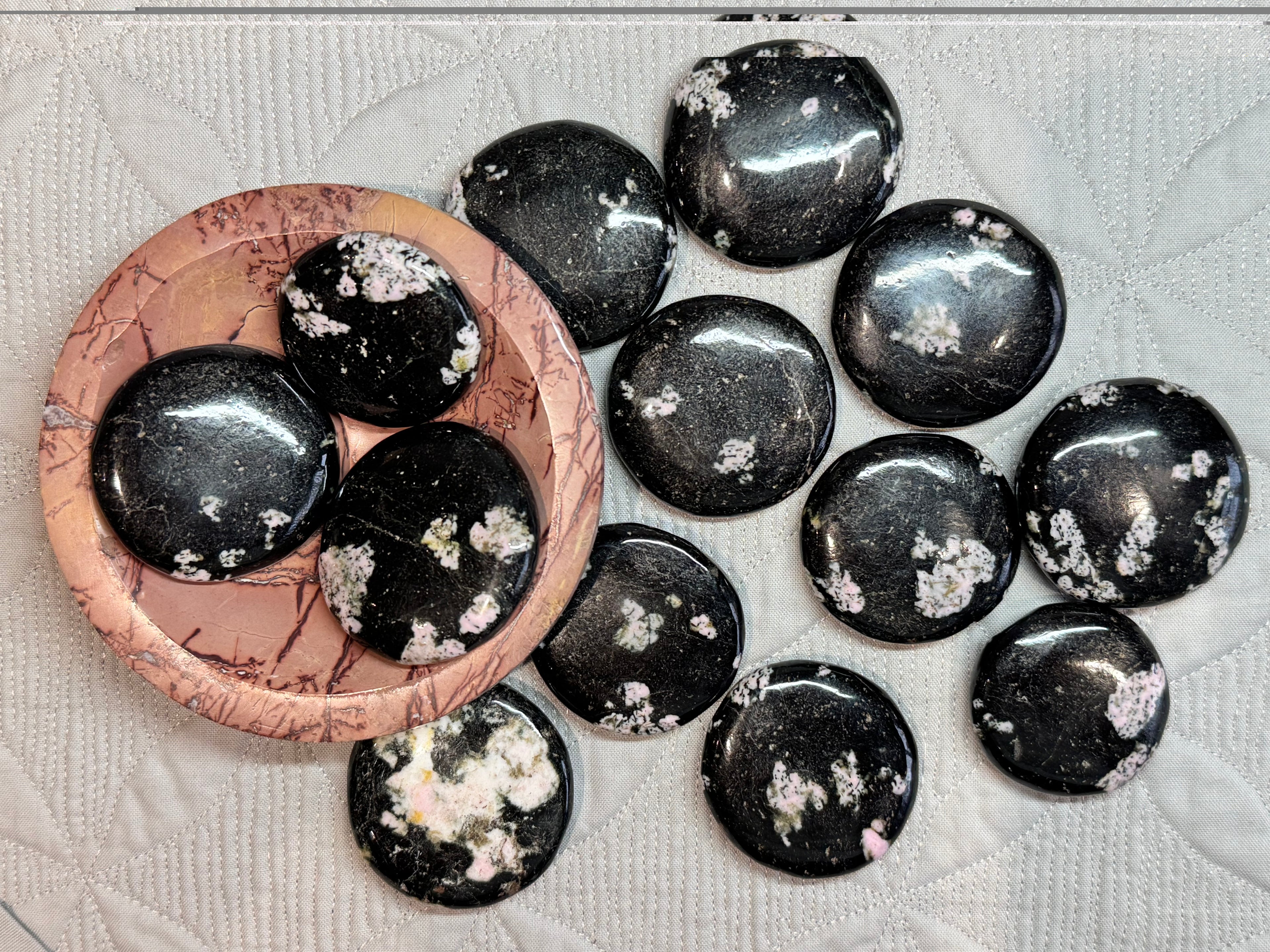 Snowflake Rhodonite Cookie Palm Stone - Pink Crystal with Patterns - Radiant Crystals UK