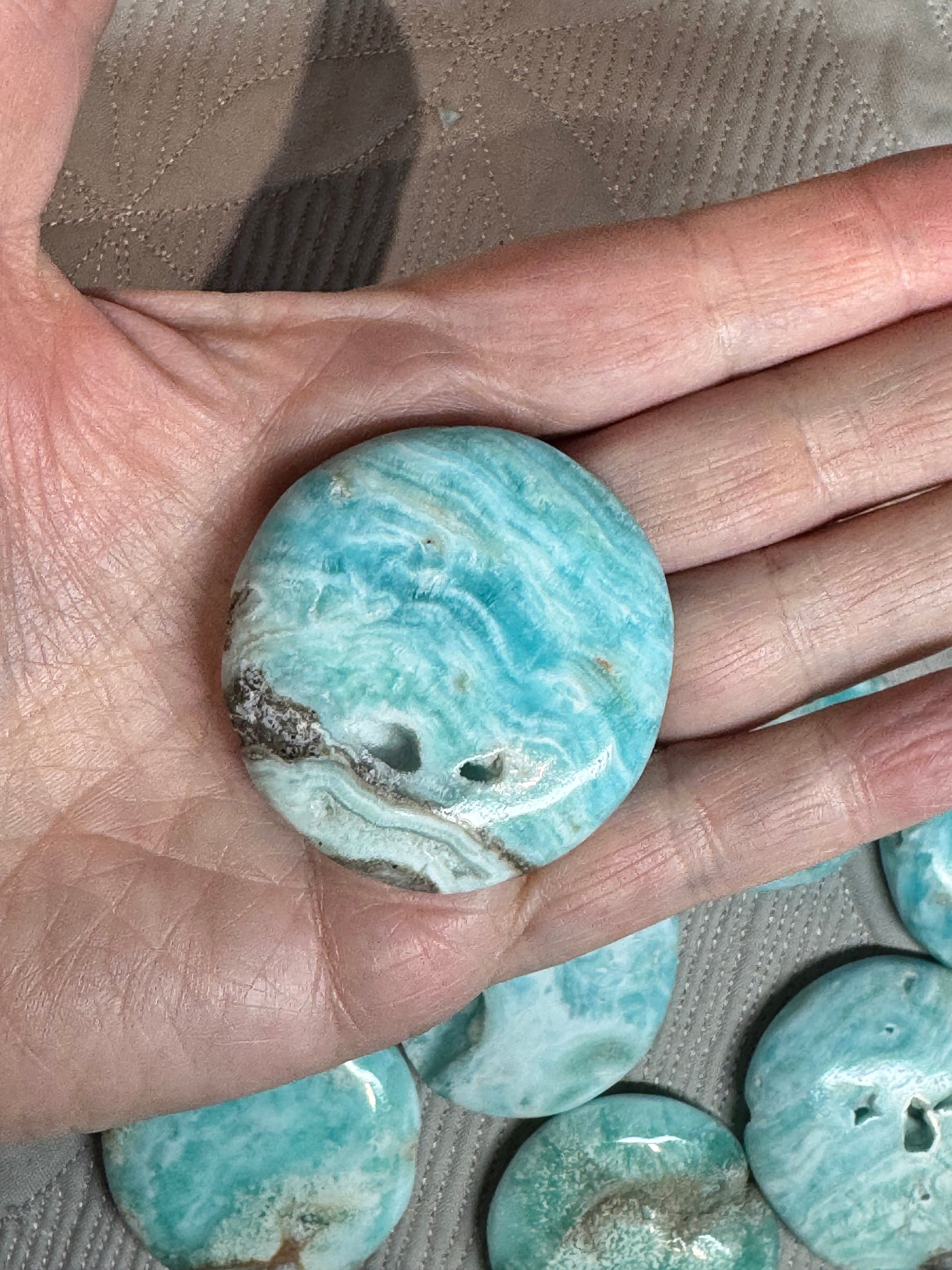 Blue Aragonite Cookie Palm Stone - Turquoise Crystal for Emotional Balance - Radiant Crystals UK