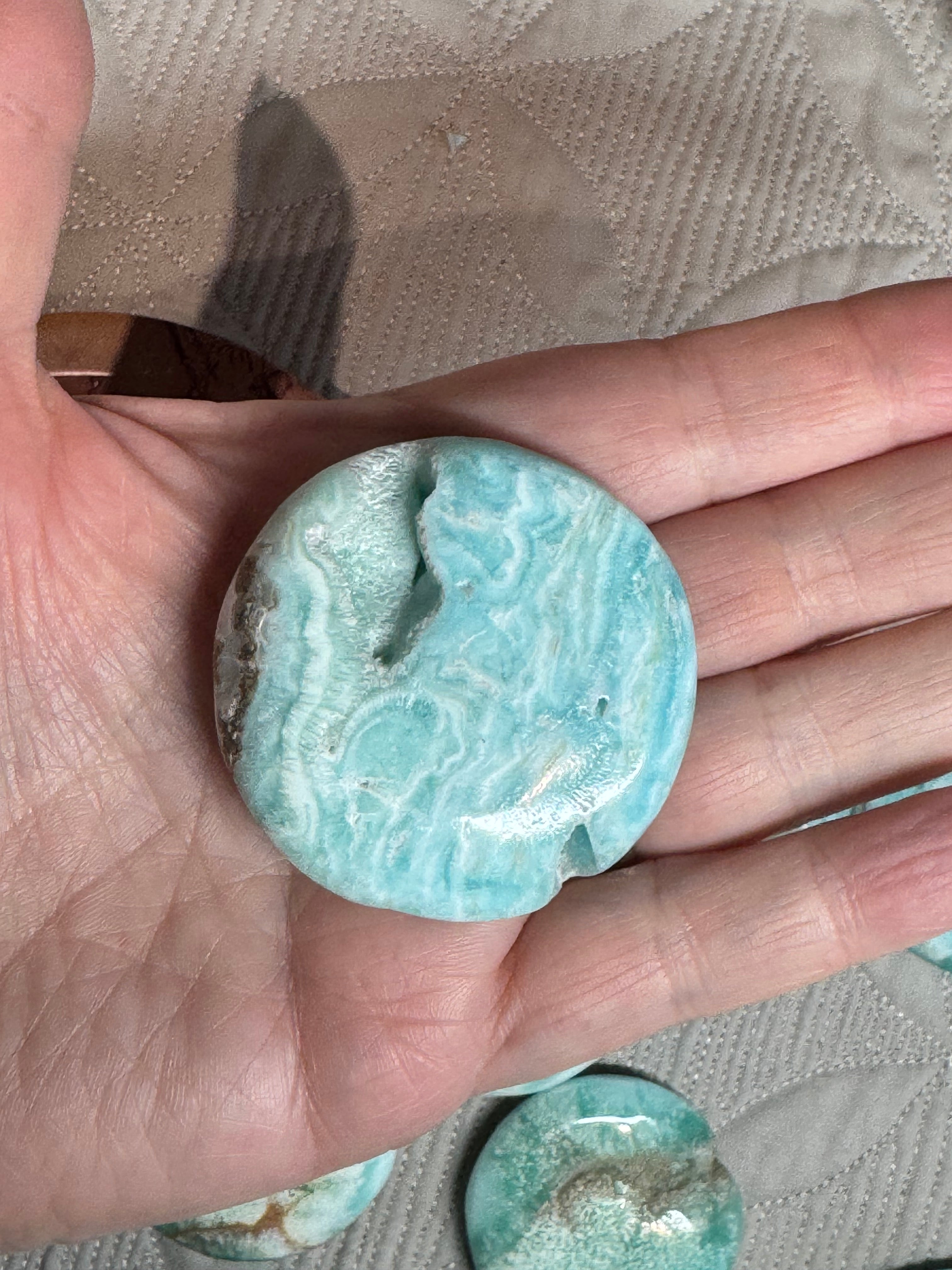 Blue Aragonite Cookie Palm Stone - Turquoise Crystal for Emotional Balance - Radiant Crystals UK