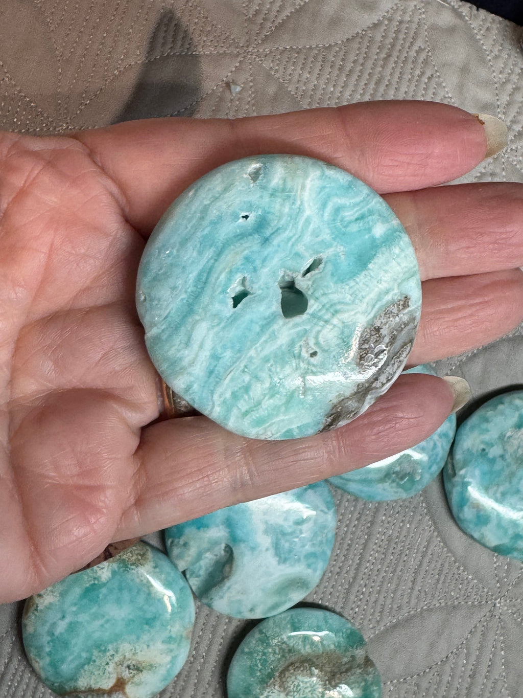 Blue Aragonite Cookie Palm Stone - Turquoise Crystal for Emotional Balance - Radiant Crystals UK