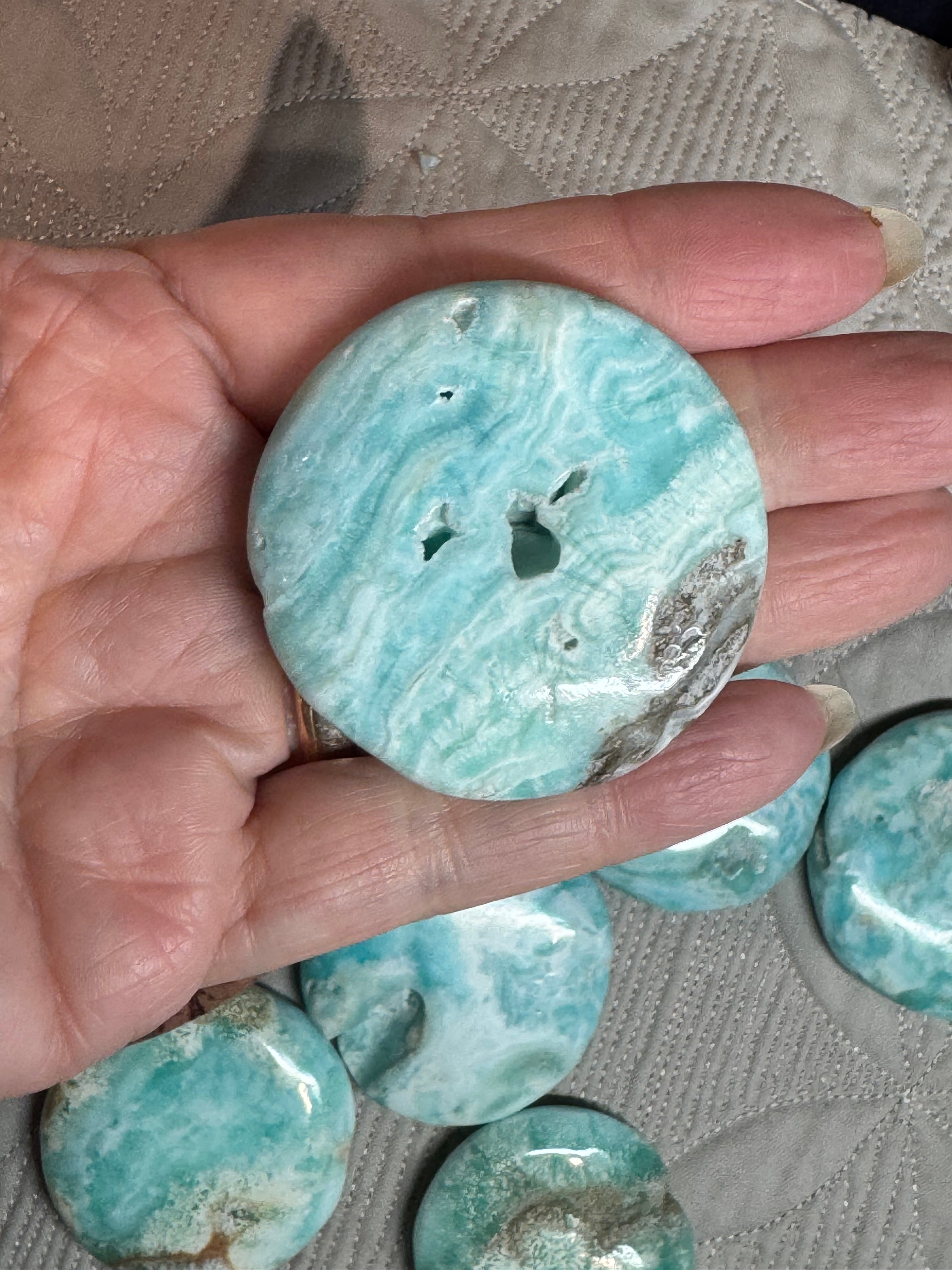 Blue Aragonite Cookie Palm Stone - Turquoise Crystal for Emotional Balance - Radiant Crystals UK