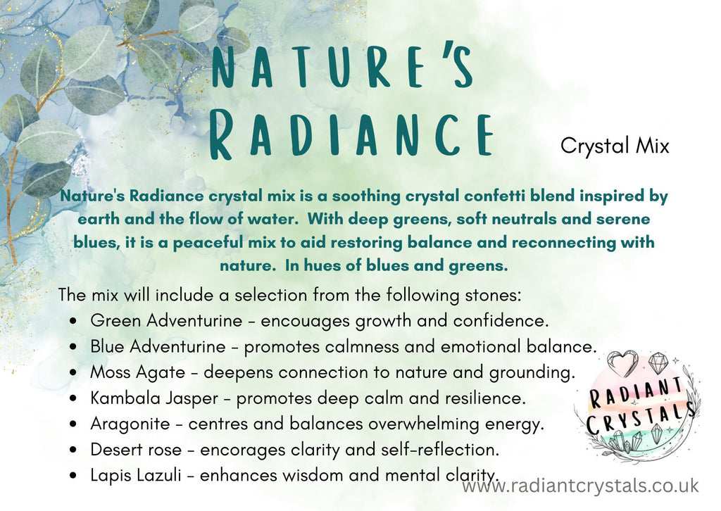 Advertisement for 'Nature's Radiance' crystal mix with text and branding.