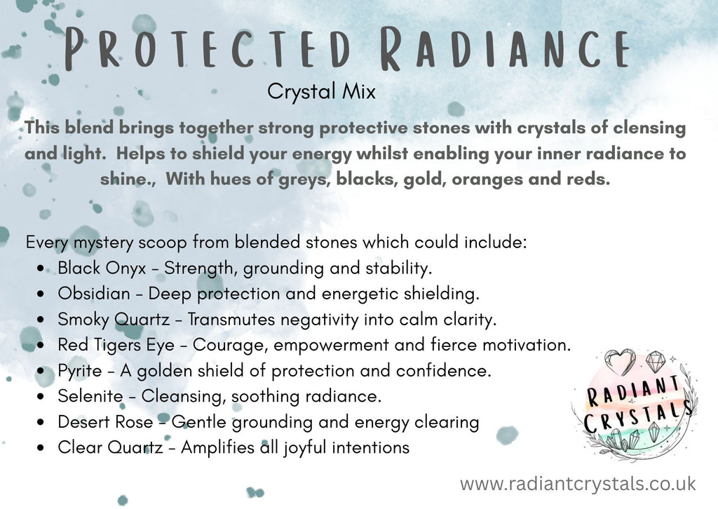 Product description for 'Protected Radiance' crystal mix with text and branding.