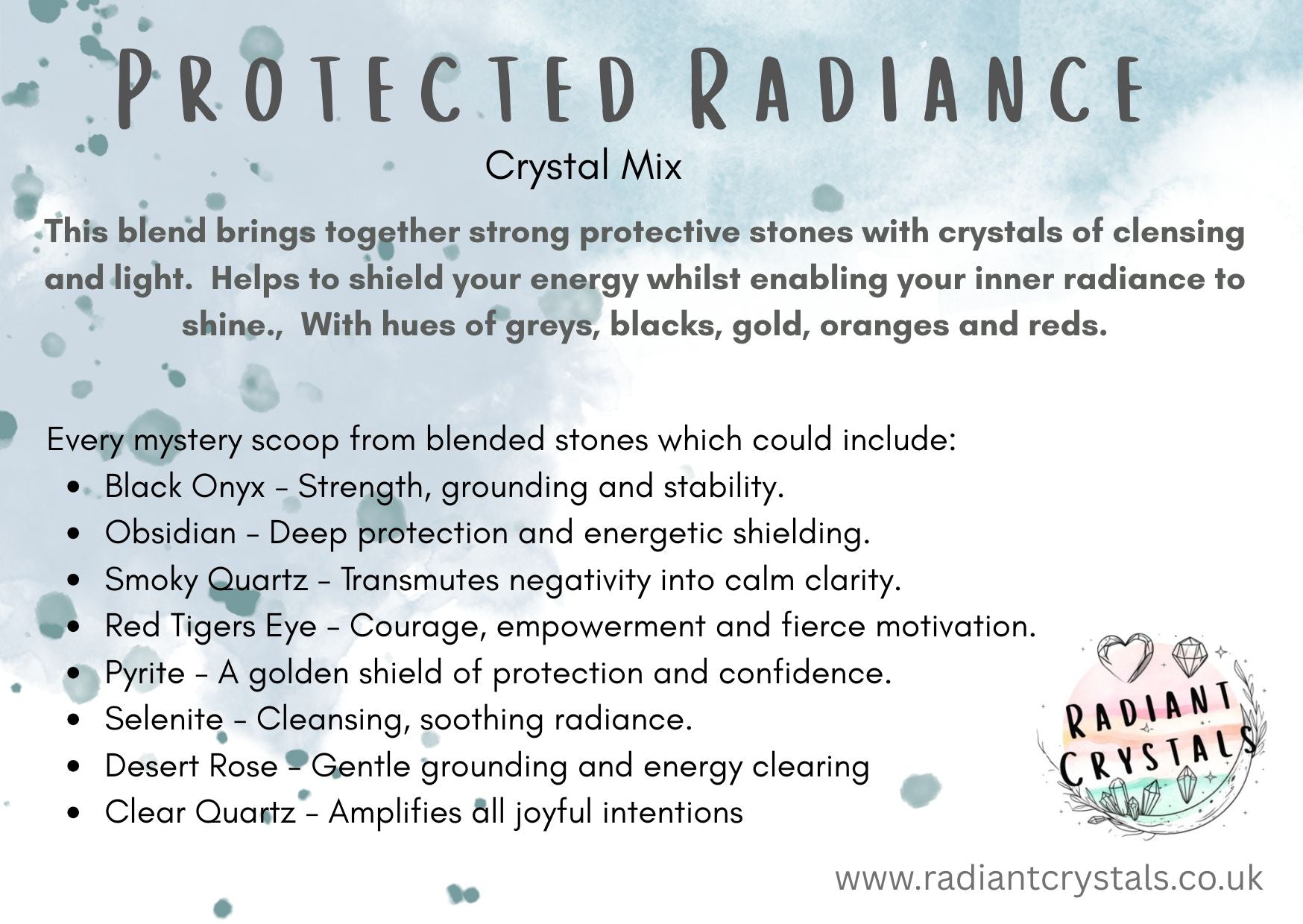 Product description for 'Protected Radiance' crystal mix with text and branding.