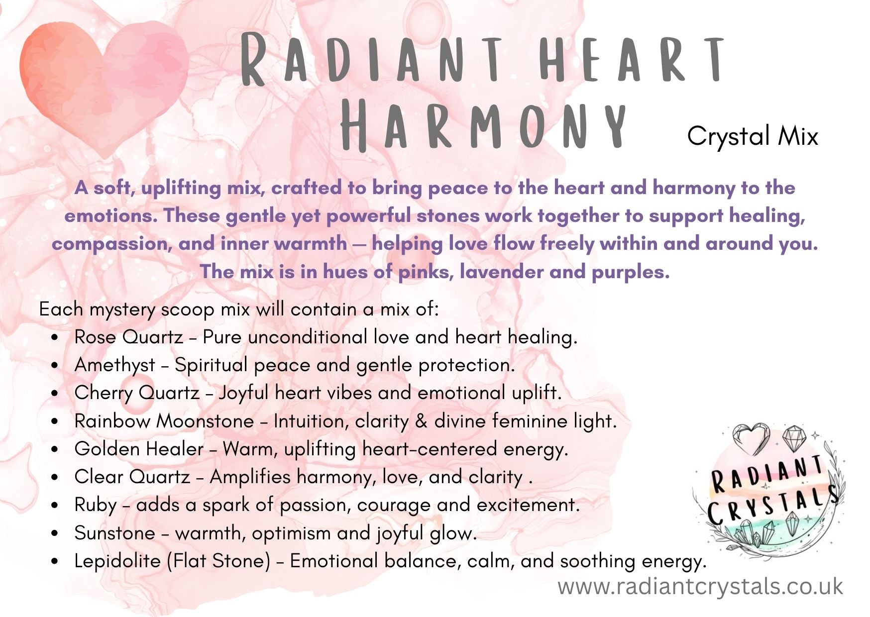 Promotional flyer for Radiant Heart Harmony crystal mix with text and heart designs.