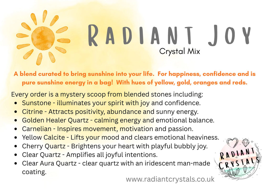 Promotional image for 'Radiant Joy' crystal mix with sun illustration and product description.