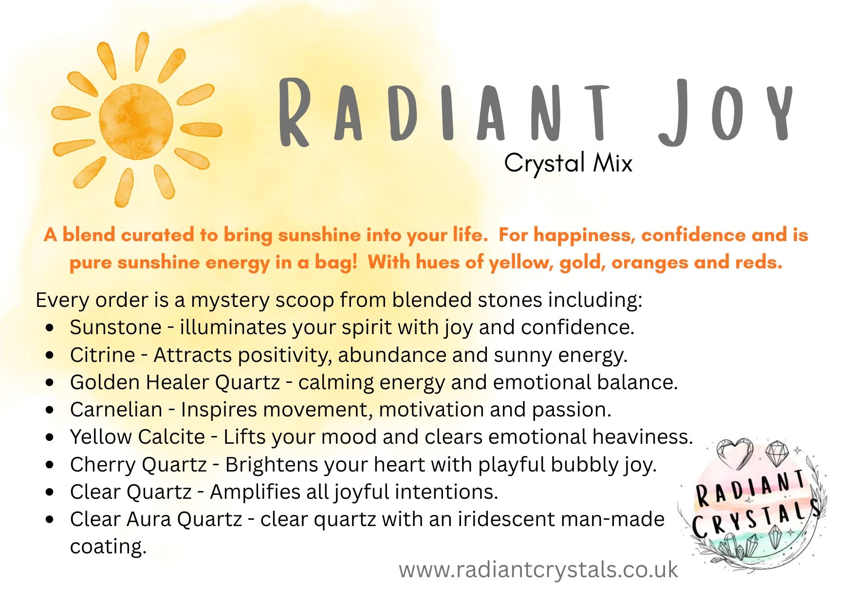 Promotional image for 'Radiant Joy' crystal mix with sun illustration and product description.