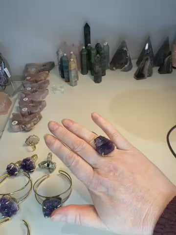 Polished Amethyst Ring | Natural Purple Crystal on Gold Band | Radiant Crystals UK