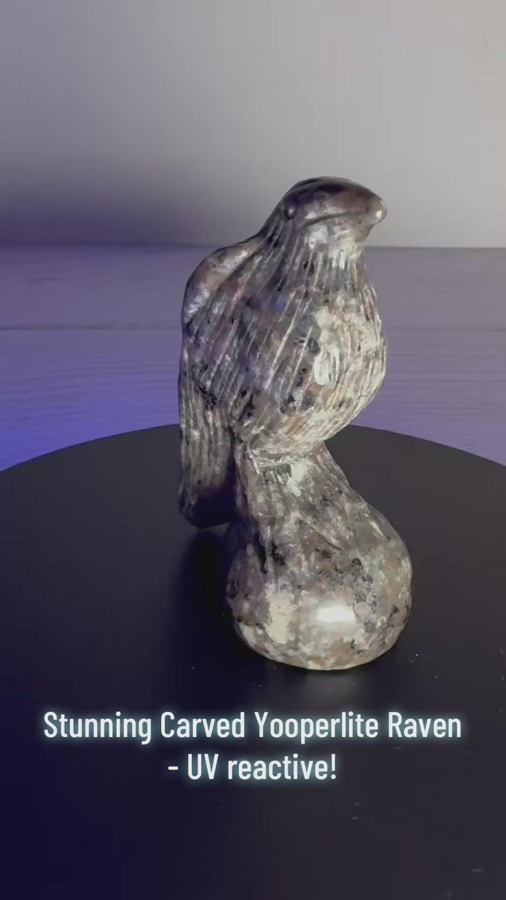 Yooperlite Raven Crystal Carving, UV reactive.