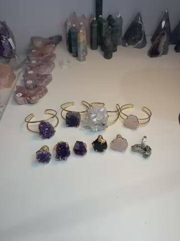 Raw Amethyst Cuff Bracelet | Oval Natural Purple Crystal on Gold Band | Radiant Crystals UK